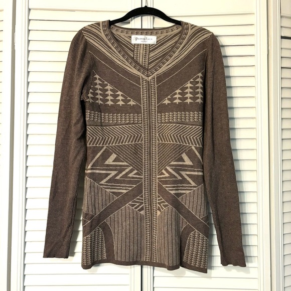 Patrizia Luca Brown and Tan Patterned V Neck Pullover Sweater - Picture 1 of 5